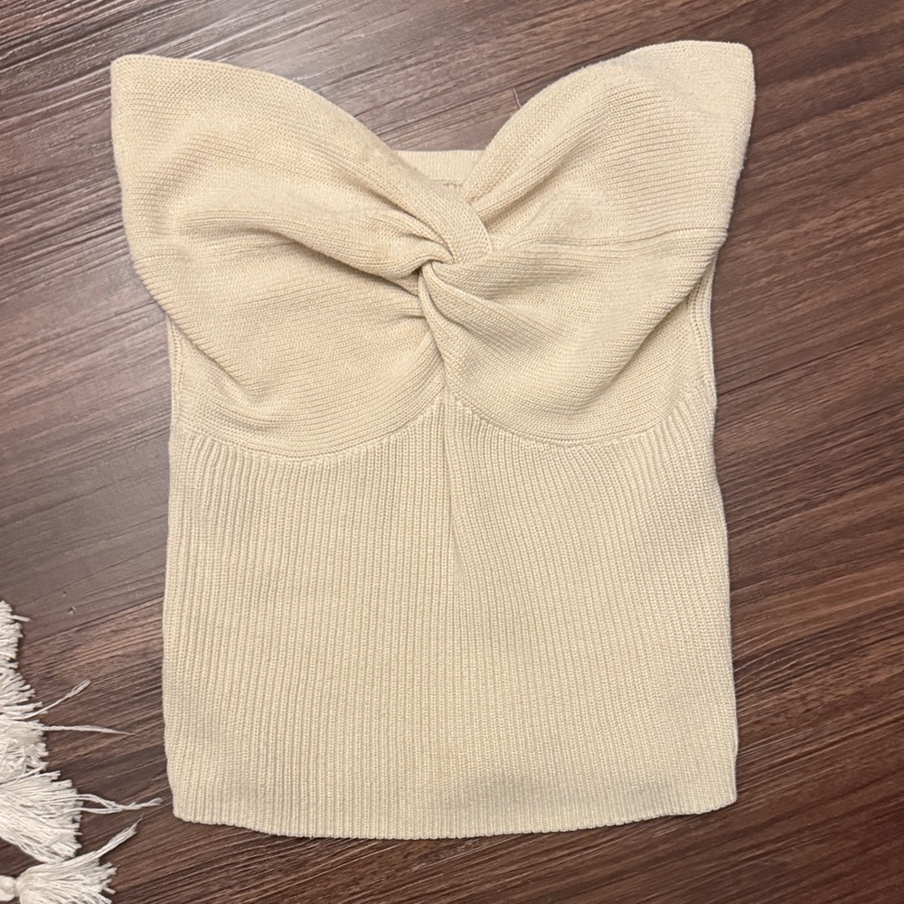 Cream Knitted Tube Top with Bow Detail